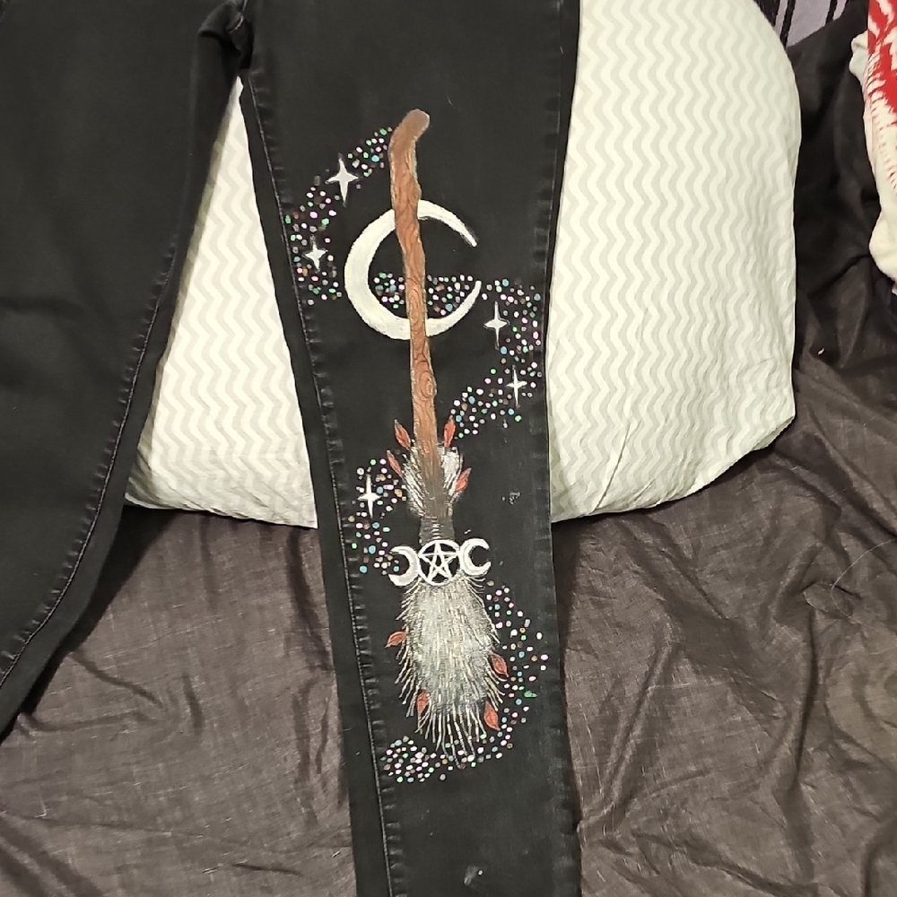Hand Painted Black Women's Jeans with Mystical Design